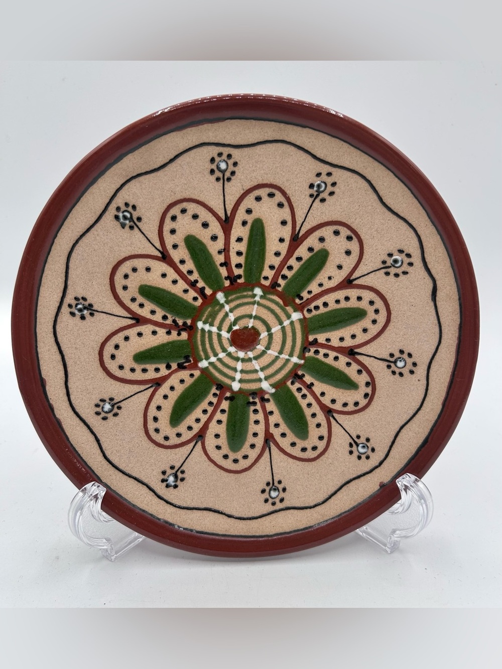 Aztec Pottery Wall Plate Hand Painted Not Marked Southwestern Brown Green 8"